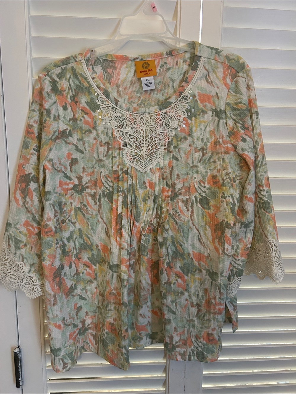 Ruby Rd. Floral Lace-Trim Tunic in Mint, Coral & Olive